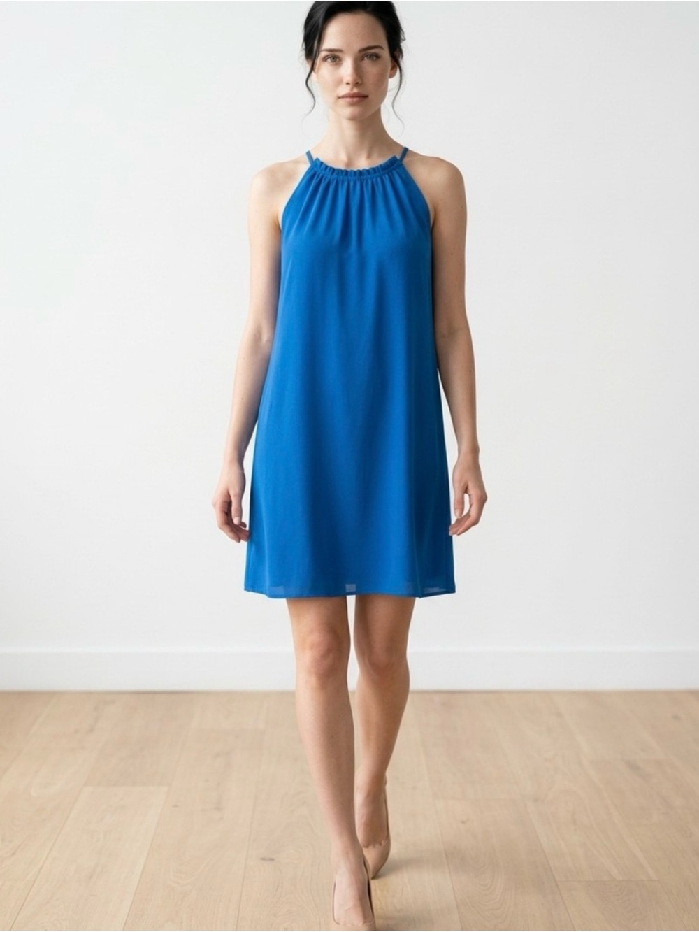 Sleeveless Royal Blue Halter Shift Dress